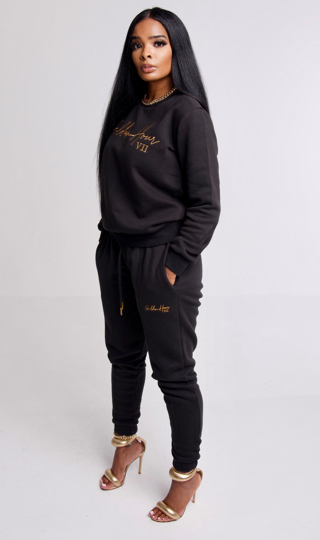 Women Sweater and Jogger Set (Black and Cream)